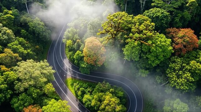 Aerial Serpentine Road Through Dense Forest Canopy with Whispers of Fog