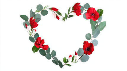 Heart shaped arrangement of vibrant red flowers and green leaves creates romantic and whimsical atmosphere, perfect for celebrations