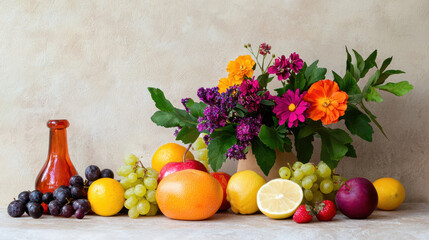 Fresh fruits and vibrant flowers arranged beautifully on neutral background create cheerful and inviting display