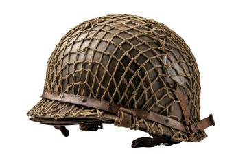 Olive helmet with net and leather straps, against black