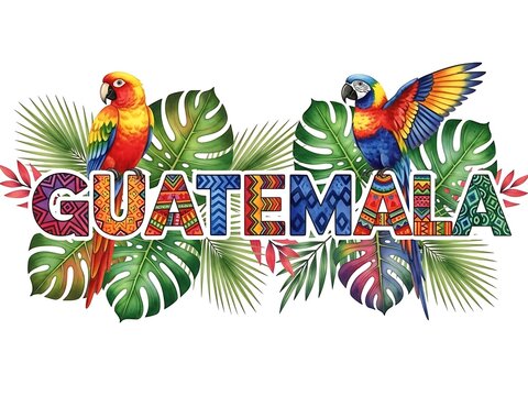 Guatemala lettering with parrots and tropical leaves