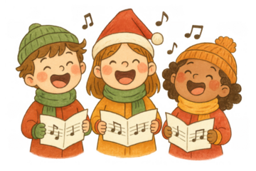 Group of happy children singing christmas carols from sheet music, celebrating the holiday season with music and joy