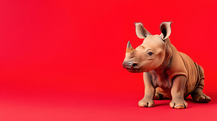 Adorable rhino calf sitting on vibrant red background, showcasing its unique features and playful demeanor