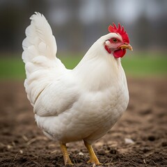 Fototapeta premium Bright white domesticated fowl stands alert on dark brown soil outdoors