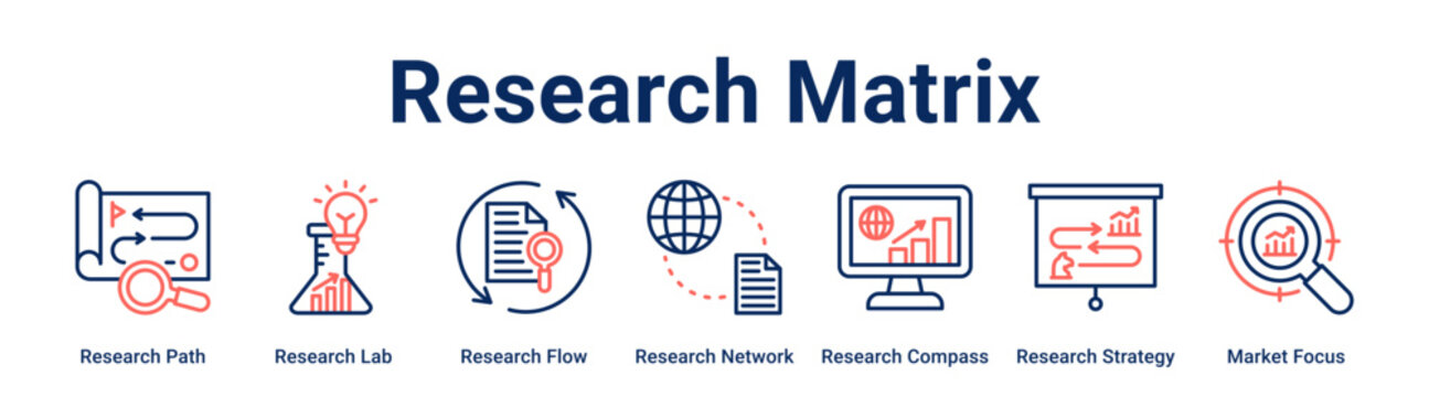 Research Matrix web banner icon vector illustration concept for business with icon of Research Path, Research Lab, Research Flow, Research Network, Research Compass, Research Strategy.