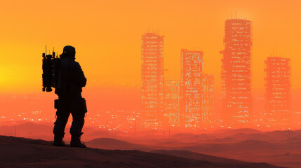 Futuristic soldier stands in desert landscape, gazing at glowing skyscrapers against vibrant orange sunset, evoking sense of wonder and adventure