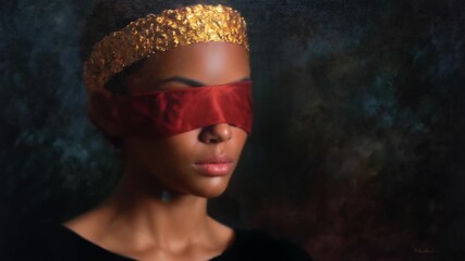 Dramatic portrait of a woman with a golden crown and red blindfold, exploring themes of identity and perception