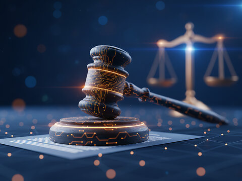Digital gavel strikes virtual bankruptcy papers. Futuristic tech court scene features scales of justice. Concept online law digital justice, cyber enforcement system.Legal Technology & Digital Justice