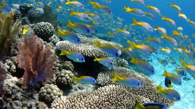Vibrant underwater coral reef teems with yellow schooling fish weaving among branching corals today!