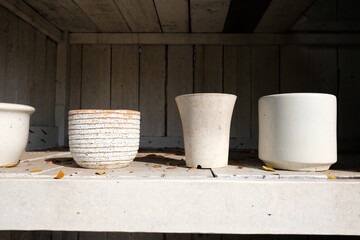 Naklejka premium Rustic planters on a weathered shelf in natural sunlight