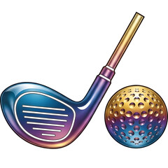 Luxury golf club and ball icon with multicolor metallic gradient, refined minimalist style
