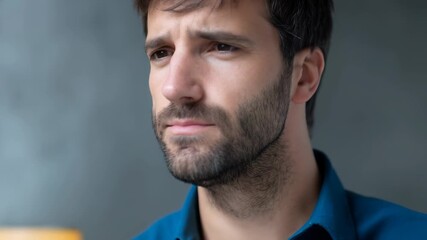 Pensive young man in blue shirt, expressing deep thoughts and emotions, perfect for mental health themes