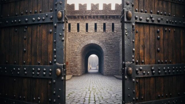 an ancient fortress gate slowly opening