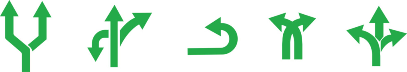 Way Direction Arrow Sign Icon set. Road navigation arrows. Driving direction mark, location point crossroad. Way direction arrow sign. Vector illustration. Traffic way icon isolated Road arrow.