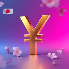 A golden 3D yen symbol stands on a pink surface with cherry blossoms and a pink-blue gradient background.