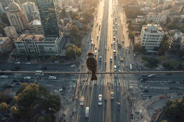 A small bird sits on a wire high above the city, overlooking a glowing sunset skyline and a busy highway below.