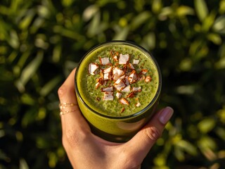 A hand holds a green smoothie topped with coconut flakes under warm natural light.
