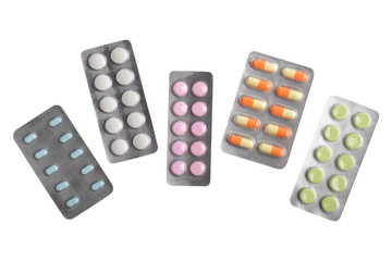 Various medicine capsules, pills and tablets in blister packs isolated on white background, health and medicine concept, top view.