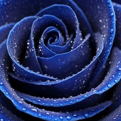 A close-up view of a deep blue rose, detailed with water droplets, showcasing a vibrant and intricate petal structure.