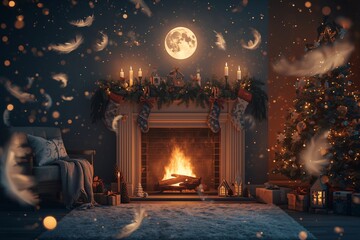 A cozy Christmas room with a glowing fireplace, a decorated tree, and floating feathers under warm golden lights.