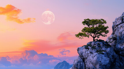 Serene landscape featuring solitary tree on rocky cliff under full moon, with vibrant sunset sky