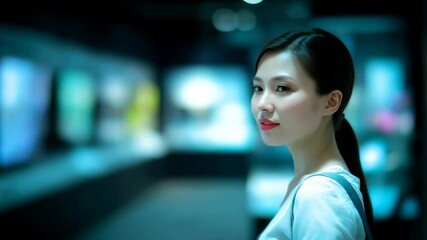 Contemplative woman observing vibrant displays in a modern art gallery or exhibition space