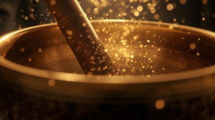A glowing Tibetan singing bowl releases golden particles as it is played with a wooden mallet.