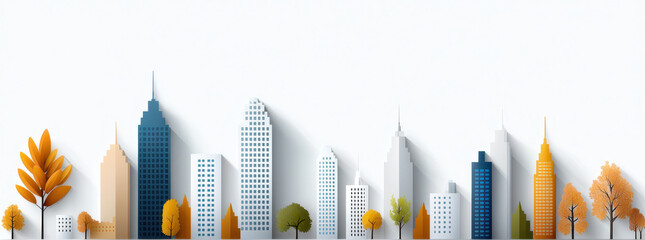 Vibrant cityscape featuring modern skyscrapers and colorful autumn trees creates lively urban atmosphere