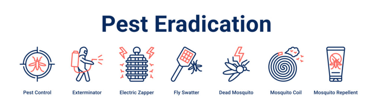 Pest Eradication web banner icon vector illustration concept for health and medical with icon of Pest Control, Exterminator, Electric Zapper, Fly Swatter, Dead Mosquito, Mosquito Coil.