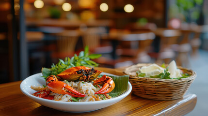 Vibrant seafood dish featuring fresh crab and side of herbs, served in cozy restaurant setting, evokes delightful dining experience