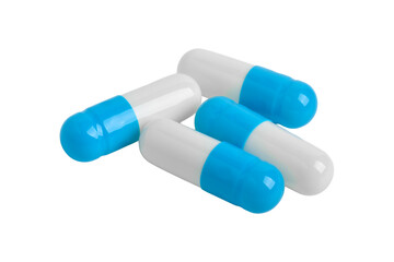 Blue and white medicine capsule pills isolated on white background.