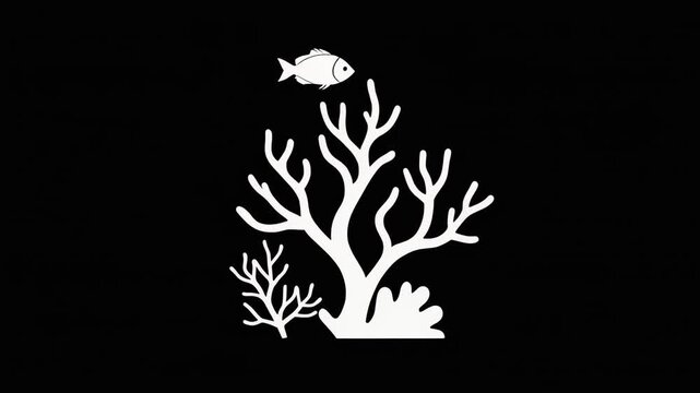 Black vector silhouette of a tree with leaves, branch, and flowers, a floral nature element design for spring and summer decoration. Minimal coral silhouette with fish, 