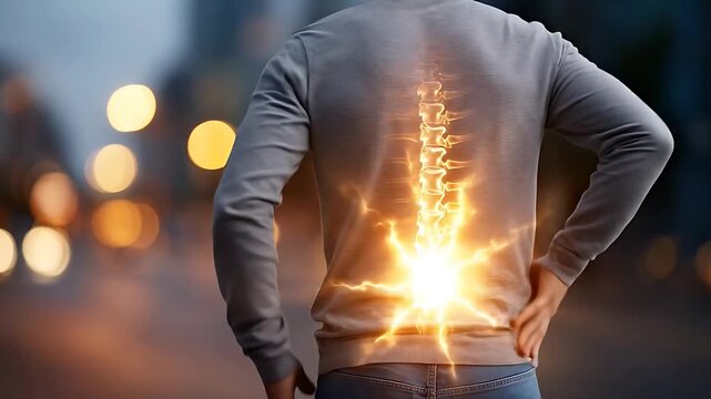 Man Suffering Lower Back Pain with Highlighted Spine Illustration