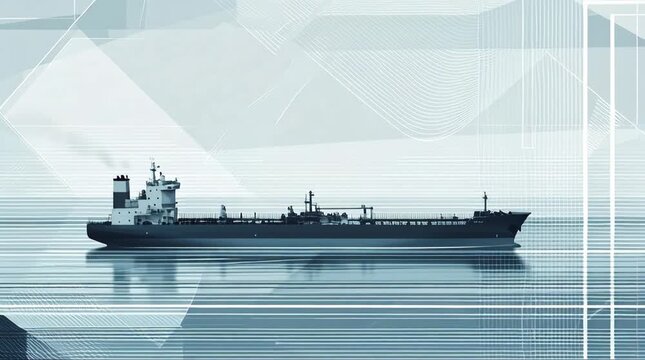 A large oil tanker ship sails across a calm, reflective body of water with abstract geometric shapes in the background.