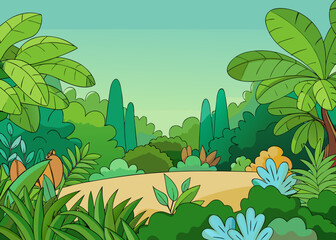 Cartoon jungle landscape with lush green tropical vegetation and path © Rana Islam