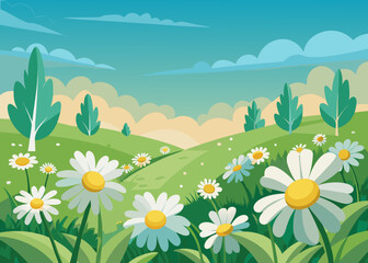 Fototapeta premium Spring landscape with daisies in a green field under blue sky