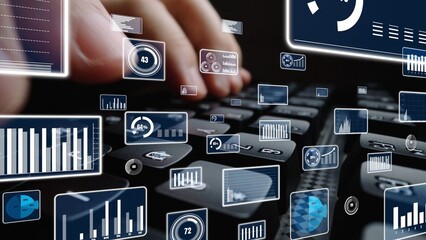Close-up view of a keyboard with floating data visualizations, including graphs and charts, showcasing modern technology and digital analysis tools for professional use. Xenic