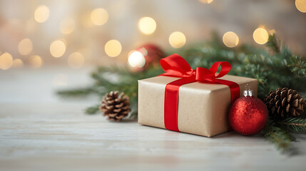Design a Christmas-themed still-life featuring a wrapped gift box with a red ribbon on a light wooden surface, accompanied by pine branches, pinecones.