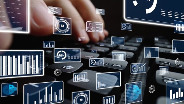 Close-up view of a keyboard with floating data visualizations, including graphs and charts, showcasing modern technology and digital analysis tools for professional use. Xenic - Powered by Adobe