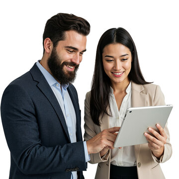 Diverse business colleagues collaborating and smiling while looking at a tablet computer isolated on transparent background