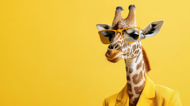 Fashionable giraffe wearing stylish glasses and bright yellow suit against vibrant yellow background exudes confidence and charm