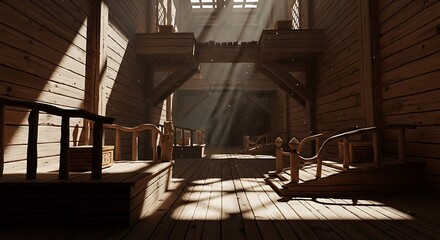 Sunlit wooden hallway within a rustic, ancient building, displaying intricate details and a warm, inviting atmosphere.
