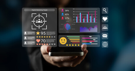A person holds a smartphone displaying digital marketing analytics with graphs, metrics, and user data, highlighting the importance of strategic performance tracking. Gantry