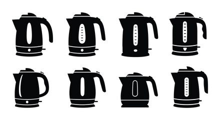 Fototapeta premium Collection of electric kettles in various styles and designs black silhouettes