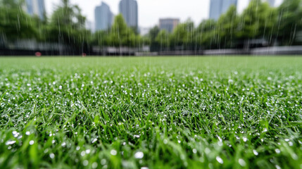 Dew glistening on green grass in rainy urban park creating serene fresh mood