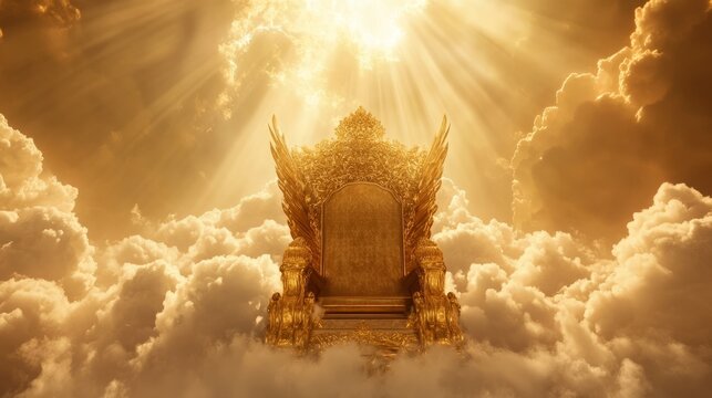 Seat or golden throne is in heaven in the middle of a cloudy landscape