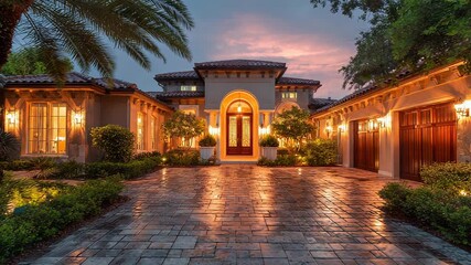 Luxury home exterior at dusk with warm lighting