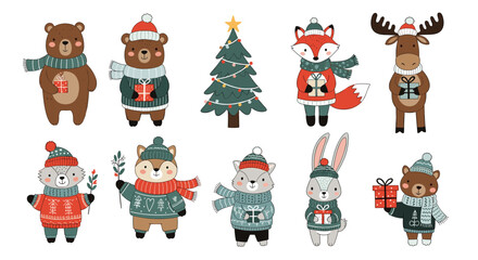 Fototapeta premium Cheerful collection of illustrated woodland animals and winter characters wearing cozy sweaters scarves and hats gathered around a Christmas tree with gifts.