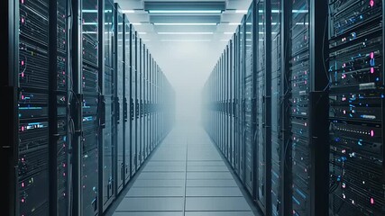 Futuristic data center corridor with illuminated server racks and mist, showcasing advanced technology - Powered by Adobe