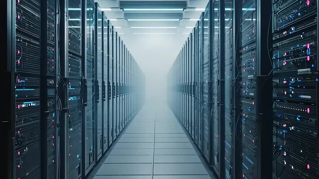 Futuristic data center corridor with illuminated server racks and mist, showcasing advanced technology